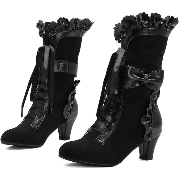 Lolita Boots Lace Up‎ Ruffle Bow Cosplay Costume Ankle Boots - Picture 1 of 3